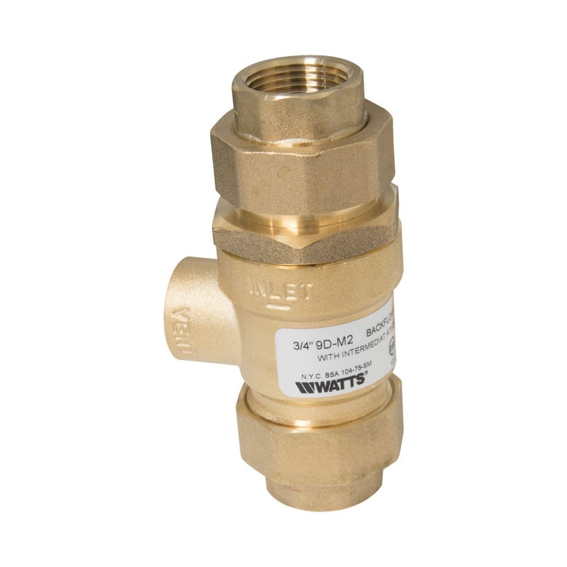 Watts 9D Series 3/4" Brass Dual Check Valve Backflow Preventer, Union Female NPT Inlet x Female NPT Outlet, Intermediate Atmospheric Vent, Compact Design, Vertical or Horizontal Install - Image 1